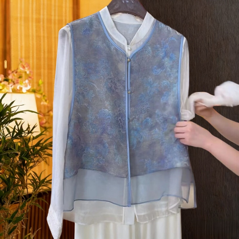New Chinese-Style National Style Silk Xiangyun Yarn Song Brocade Elegant Vest for Women, Summer Fashion, Shimmering Brocade, Loose Thin Vest