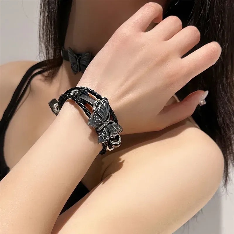 Retro Hottie Y2K Butterfly Double-Layered Leather Bracelet Subculture Bracelet Rock Style Elegant Bracelet Choker