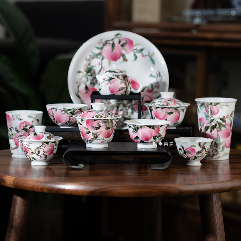 Zhong Xinchun's Exquisite Chinese Painting Pastel Peach Set, Jingdezhen Pure Handmade Hand-Painted High-End Gift Tea Set