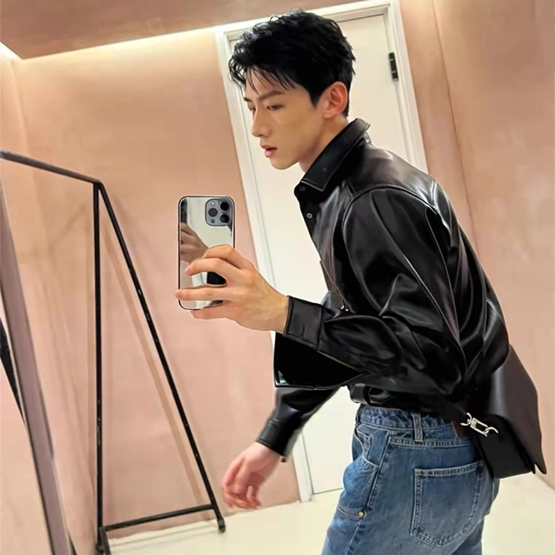 Tough and Stylish Black Leather Shirt Jacket for Men, High-End Spring and Autumn Detroit Jacket, Biker Riding Outfit