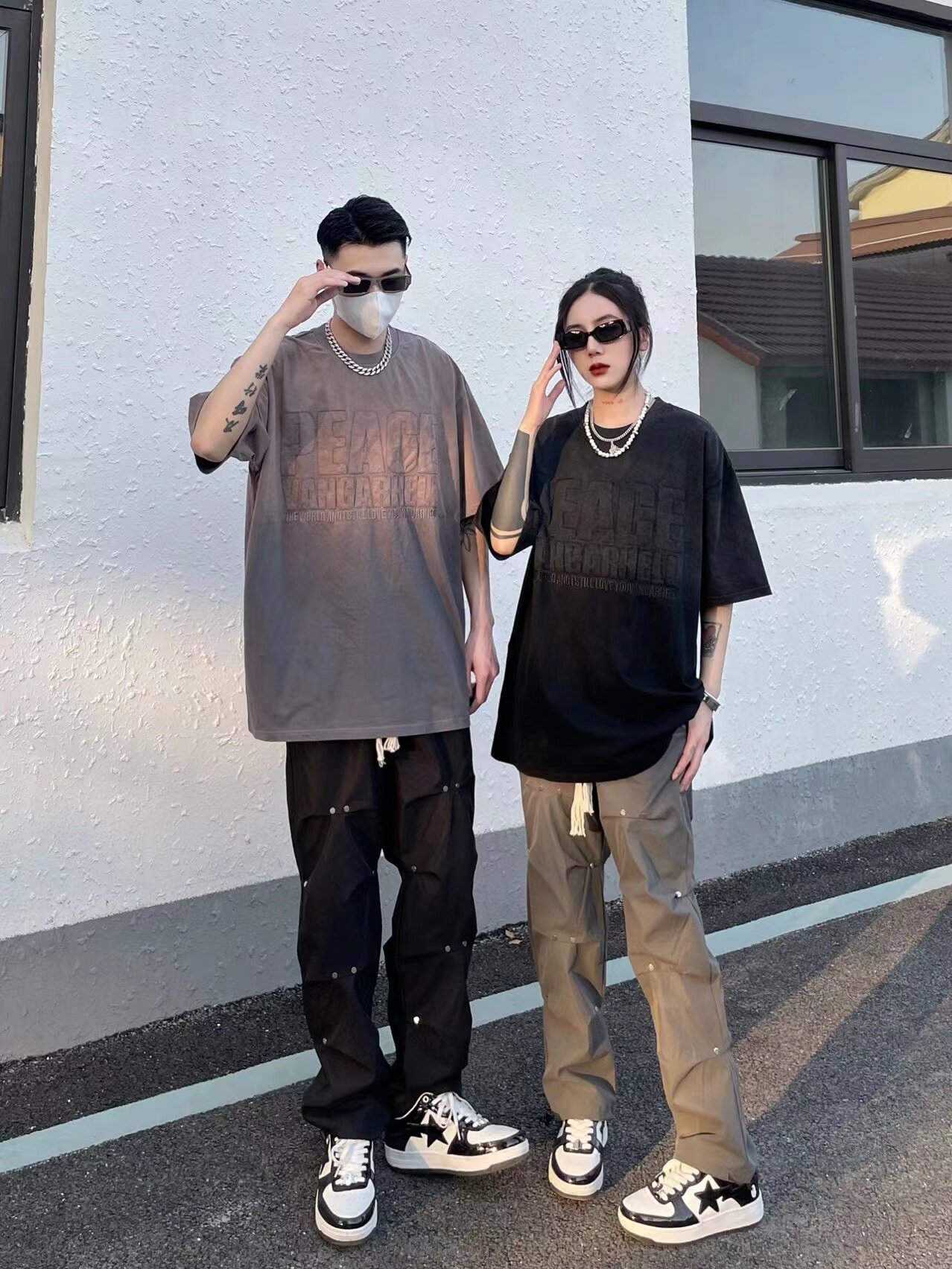 美式高街vibe风工装裤男设计感褶皱编织绳宽松直筒休闲情侣长裤子详情6