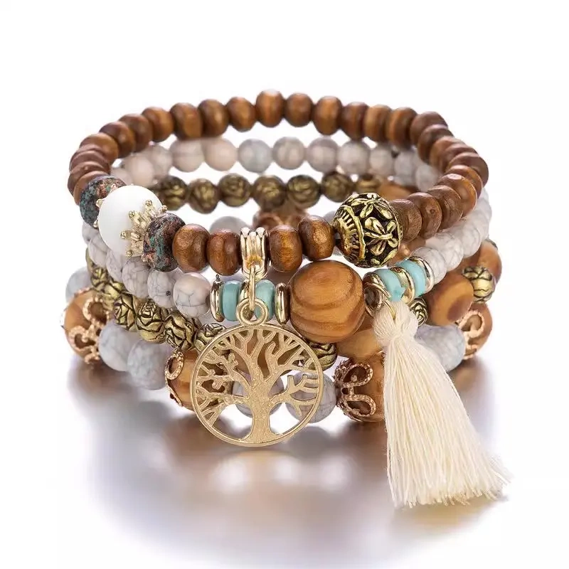 New Bohemian Style Multi-Layered Wooden Bead Bracelet Elastic Bracelet Direct Supply Jewelry for Europe and America