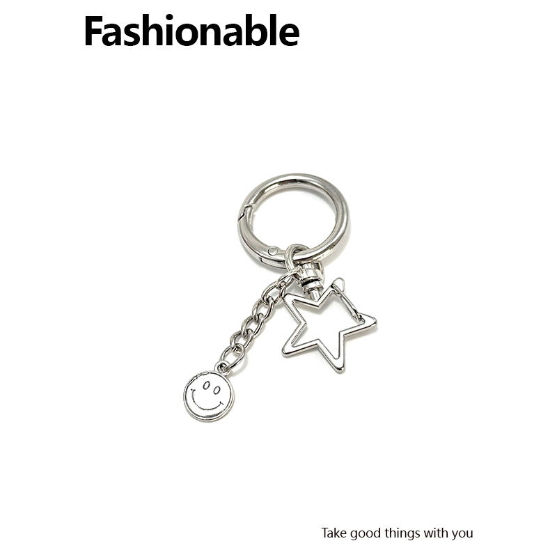 Metal Five-Pointed Star Keychain Bag Charm DIY Handmade Creative Phone Case Pendant Smiley Face Ornament Ring