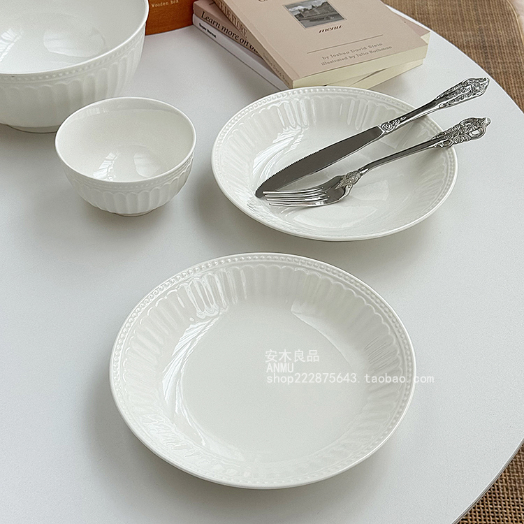 [Limited Time Special 0.65kg Pieces] French Light Luxury Exquisite Embossed Roman Series Underglaze Ceramic Rice Bowl and Plate