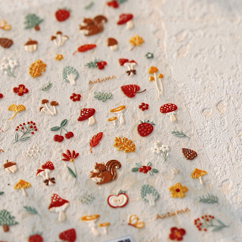 Autumn New Style Forest-Themed Mushroom Cute Squirrel Embossed High-Value ins Nail Stickers Pastoral Style Autumn Picking Adhesive DIY Nail Stickers Retro Small Stickers New Year Red Small Mushroom 3D Decoration