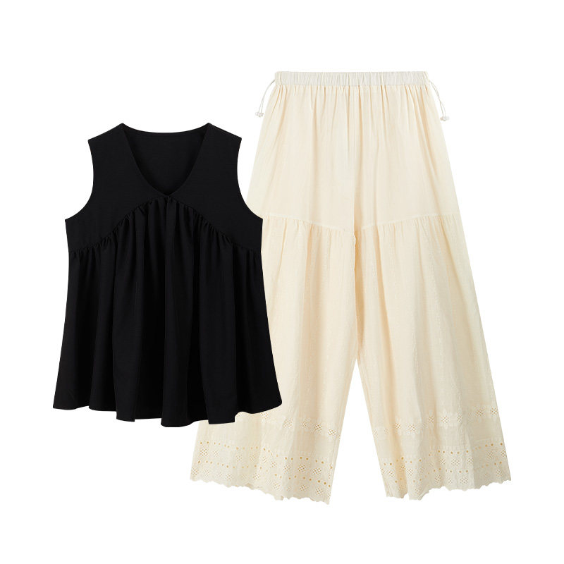 Muyuan Lion Maternity Summer Outfit Set: Hepburn-Style High-End V-Neck Sleeveless Top and Wide-Leg Pants Slimming Set — 1