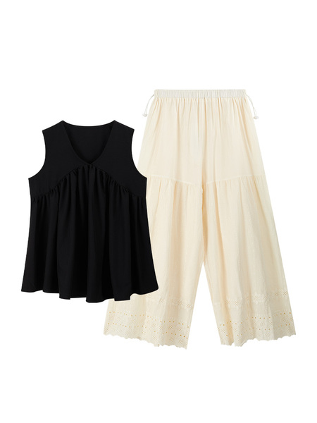 Muyuan Lion Maternity Summer Outfit Set: Hepburn-Style High-End V-Neck Sleeveless Top and Wide-Leg Pants Slimming Set — 2