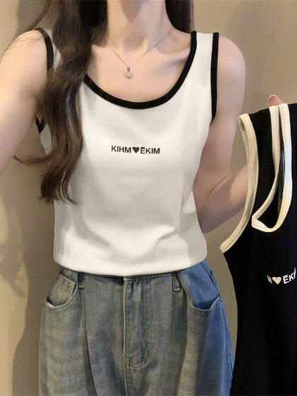 气质撞色设计胖mm吊带背心遮副乳内搭甜美无袖上衣ins风潮流印花