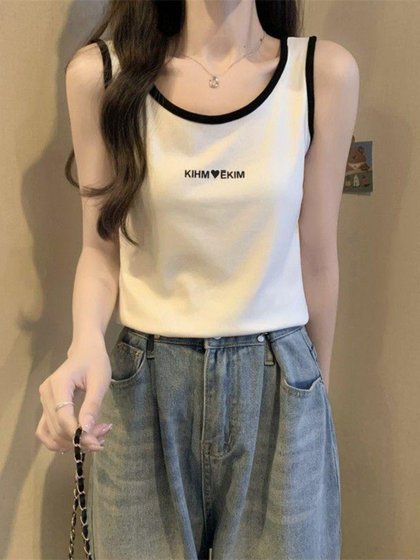 气质撞色设计胖mm吊带背心遮副乳内搭甜美无袖上衣ins风潮流印花