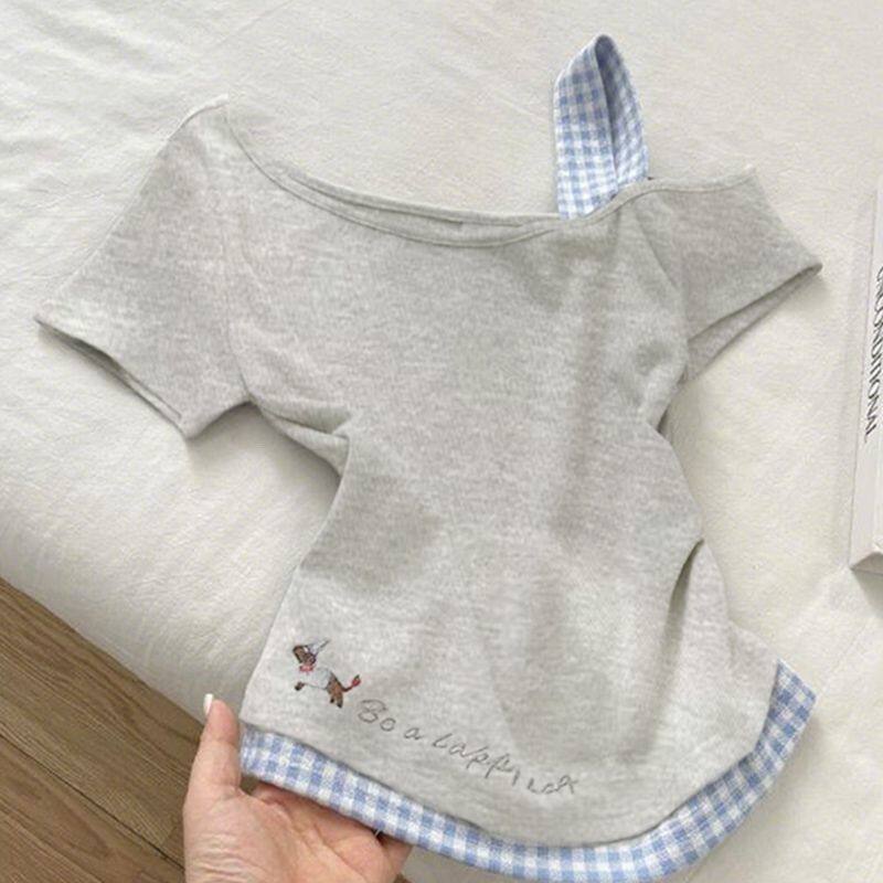 韩版元气露肩上衣女斜肩短袖夏季薄款假两件显瘦修身薄款正肩t恤