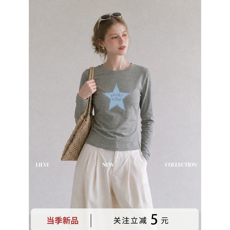 Lilvi Gray Printed Round Neck Regular Shoulder Brushed Thick Long-Sleeve T-Shirt for Women, Autumn Inner Layer Base Shirt, Slim Fit Top