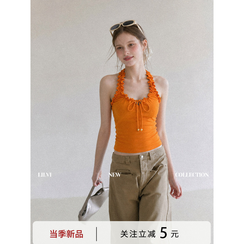 Lilvi Korean Style Orange Halter Neck Camisole for Women, New Summer Outerwear with Ruffled Edges, Sleeveless Top
