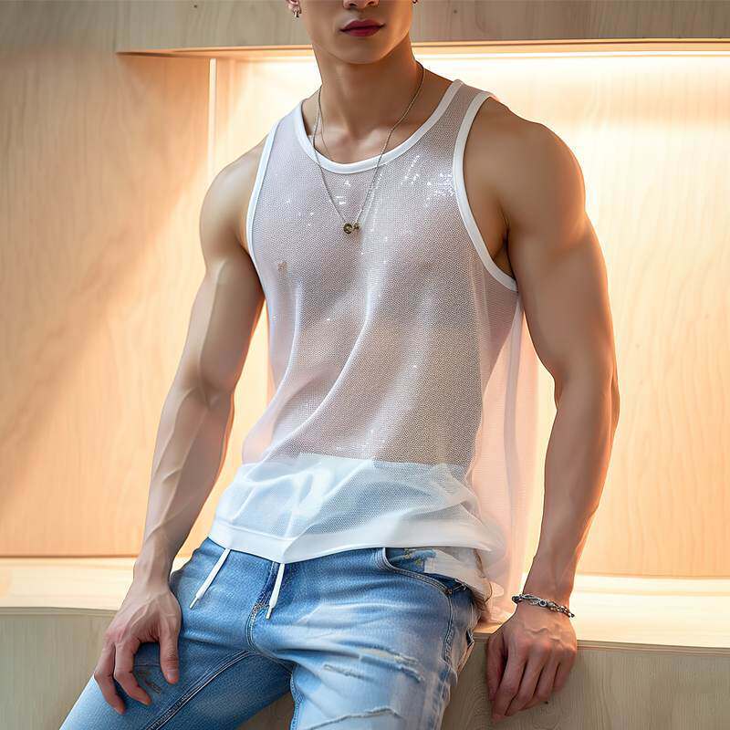 2026 Summer European and American Men's Solid Color Mesh Sleeveless Top, Lightweight Slim Fit Sexy See-Through Vest Men Vest