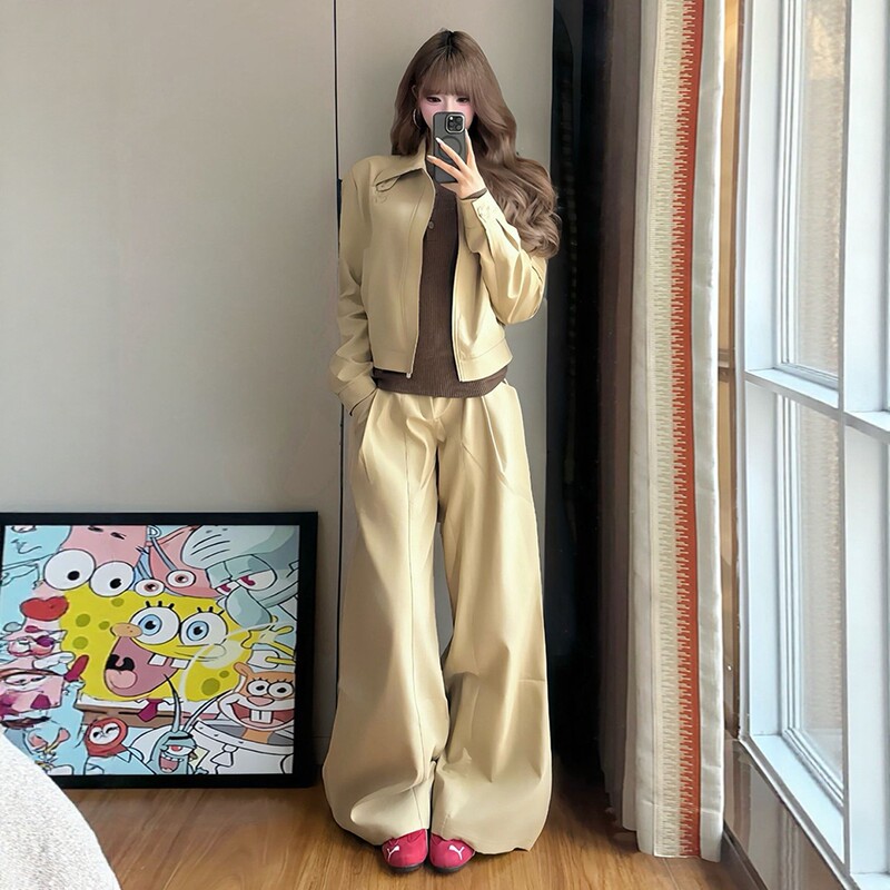 American Retro Sportswear Set for Women, Spring and Autumn Fashion, Lazy Style, Short Sweatshirt, Wide-Leg Pants, Casual Two-Piece Set, Trendy