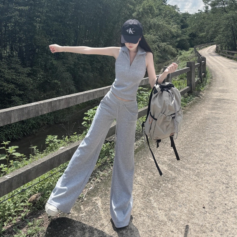 Korean-Style High-End Sportswear Set for Women, Summer Slimming, Fashionable, Eye-Catching Sleeveless Top and Long Pants Casual Two-Piece Set