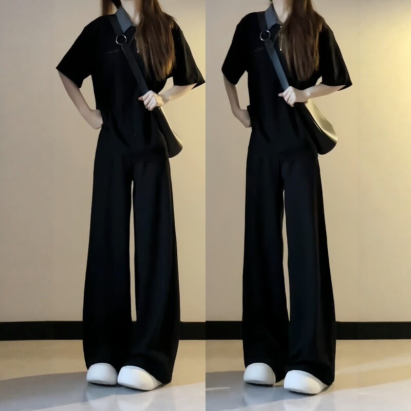 American-Style Youthful Sports Suit for Women, Summer Student Korean Version, Loose Polo Collar Short-Sleeved Long Pants Casual Two-Piece Set