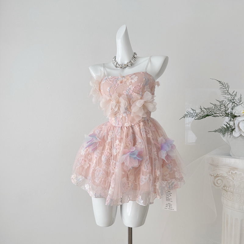 Spring Festival~Dreamy, High-Transparency Soft Gauze Three-Dimensional Embroidered Jacquard Dress for Women in Sweet Pink