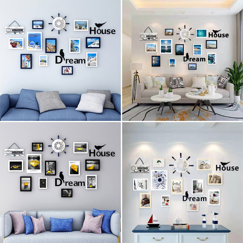 Creative Photo Frame Composition Minimalist Photo Wall Living Room Solid Wood Wall-mounted Wall Background Wall Decoration Washable Photo Wall Free to punch-Taobao