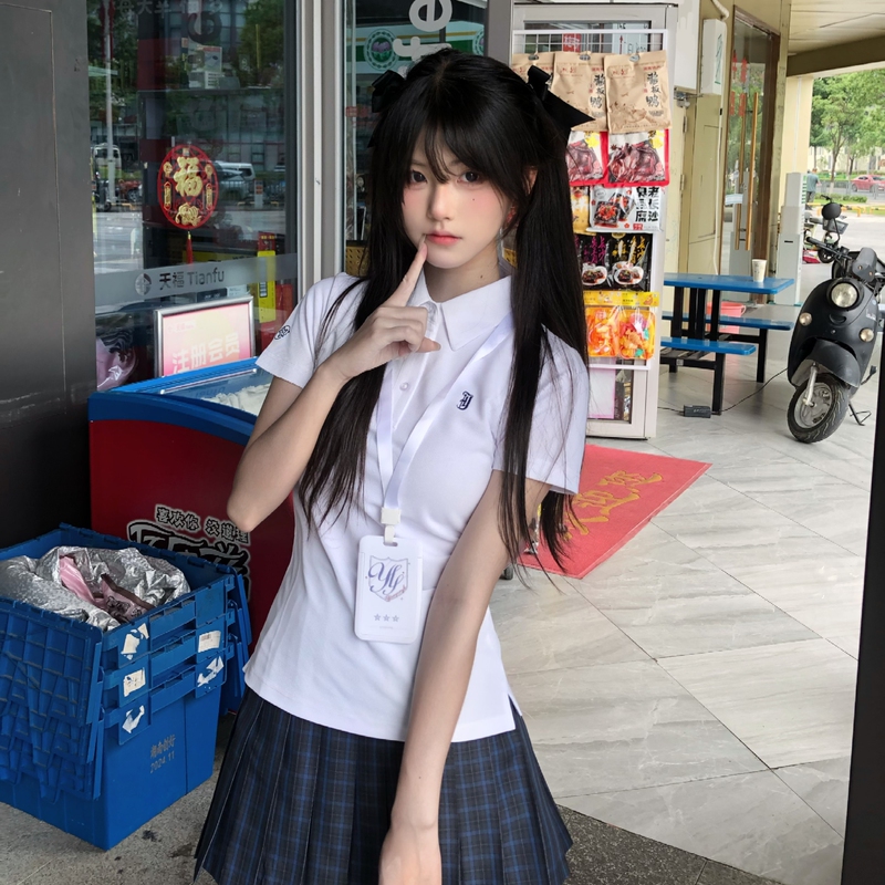 A Piece of Wool/Original Star-Patterned Polo Shirt Jk Uniform Japanese School Style Student Waist-Cinching Short-Sleeve T-Shirt Top for Women Summer