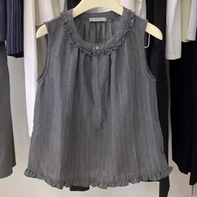 Highly Recommended! Korean-Style Ruffled Striped Sleeveless Tank Top for Women, Summer Lazy Style Casual Fashion Top
