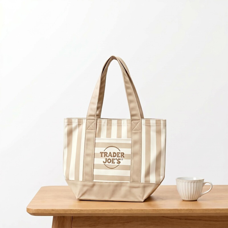 Trader Joe's Large Capacity Shopping Bag with Color-Blocked Embroidery, Canvas Tote Bag, Khaki Stripes Trader Joe's Large Capacity Shopping Bag with Color-Blocked Embroidery, Canvas Tote Bag, Khaki Stripes