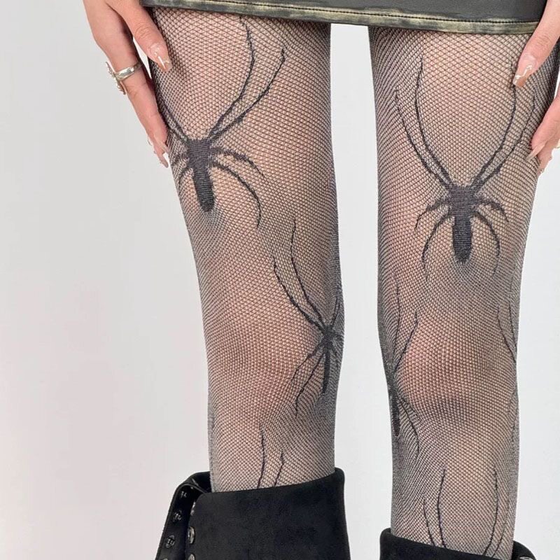 Black and gray two-tone spider web stockings, subculture Y2K, sexy girl's unique lace hollow-out wild pantyhose