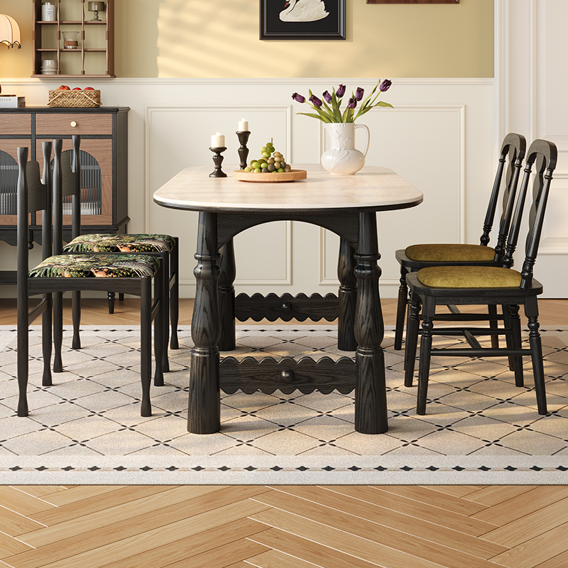 Nordic-Style French Retro Solid Wood Dining Table for Small Apartments, 2026 New Model, Cream-Colored Oval Travertine Stone Nordic-Style French Retro Solid Wood Dining Table for Small Apartments, 2026 New Model, Cream-Colored Oval Travertine Stone