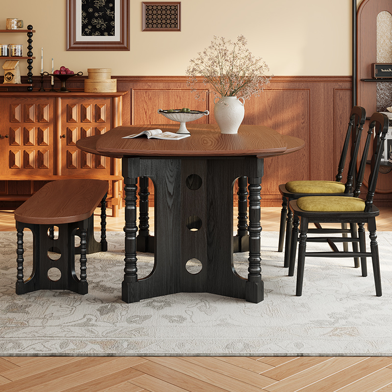 North American-Style Vintage Solid Wood Extendable Dining Table 2026 New Model Retro Style Small Apartment High-End Foldable Convertible Round Table North American-Style Vintage Solid Wood Extendable Dining Table 2026 New Model Retro Style Small Apartment High-End Foldable Convertible Round Table