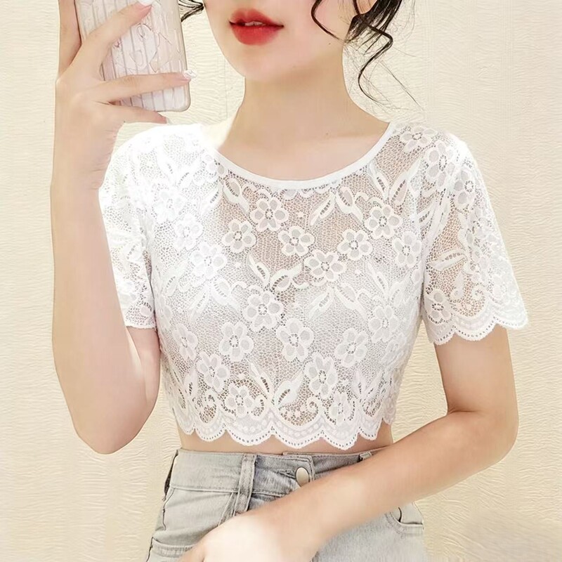 New Korean Style Lace Blouse with Round Neck, Short Fake Collar, Women's Short-Sleeved Base Layer, Hollow Fake Collar, Versatile Top New Korean Style Lace Blouse with Round Neck, Short Fake Collar, Women's Short-Sleeved Base Layer, Hollow Fake Collar, Versatile Top