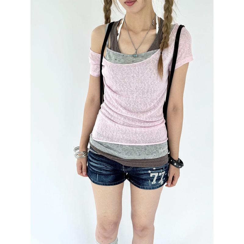 Harukino Too【Yuta Jia Three-Piece T-Shirt】Korean Style Camisole Short-Sleeve Top Slim Fit Breathable Commuter T-Shirt