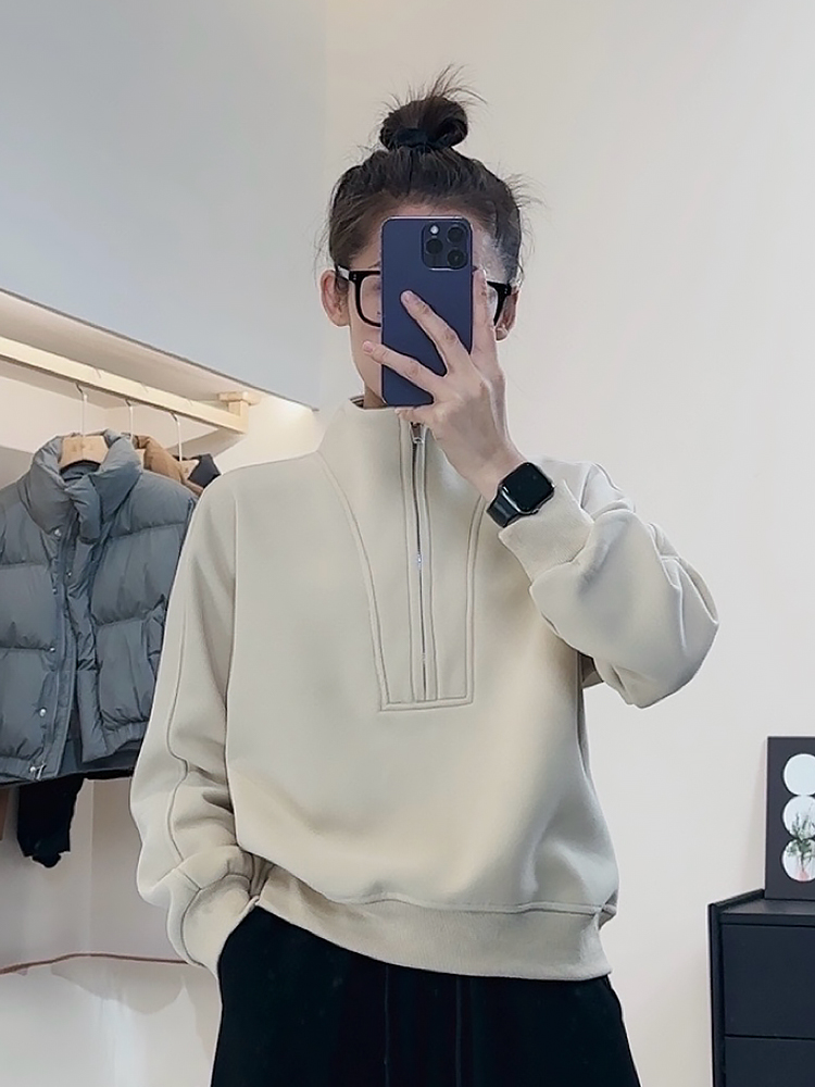 秋冬ハーフジッパースタンドカラープラスベルベットセーターレディース春秋スタイル2025新しいホットスタイルルーズレイジースタイル長袖トップス