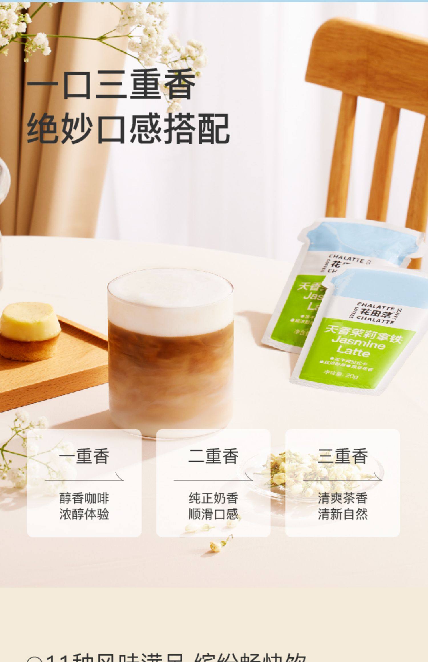 【中國直郵】 花田萃 凍乾即溶咖啡 無植脂末無白糖咖啡粉原味生椰拿鐵提神 厚乳+生椰+茉莉 160g/袋 3盒