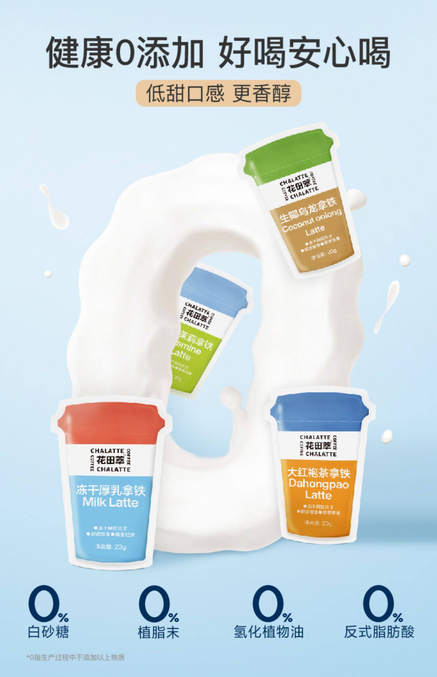 【中國直郵】 花田萃 凍乾即溶咖啡 無植脂末無白糖咖啡粉原味生椰拿鐵提神 厚乳+生椰+茉莉 160g/袋 3盒