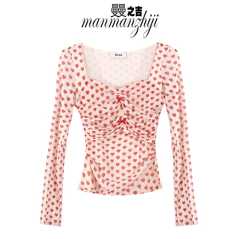 Atmospheric Red Heart Polka Dot Blouse for Women, Spring Sweet and Spicy Slim Fit Bow Long-Sleeve T-Shirt Top with Double-Layer Mesh Atmospheric Red Heart Polka Dot Blouse for Women, Spring Sweet and Spicy Slim Fit Bow Long-Sleeve T-Shirt Top with Double-Layer Mesh
