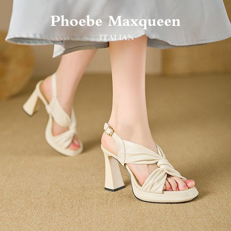 Italian Maxqueen Genuine Leather Waterproof Platform Open-Toe Sandals for Women, Summer Chunky High Heels with a Single Strap, Elegant Italian Maxqueen Genuine Leather Waterproof Platform Open-Toe Sandals for Women, Summer Chunky High Heels with a Single Strap, Elegant