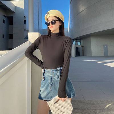 Mask solid color bottoming shirt with spring and autumn good fit half turtleneck t-shirt long-sleeved underwear loose top T-shirt women