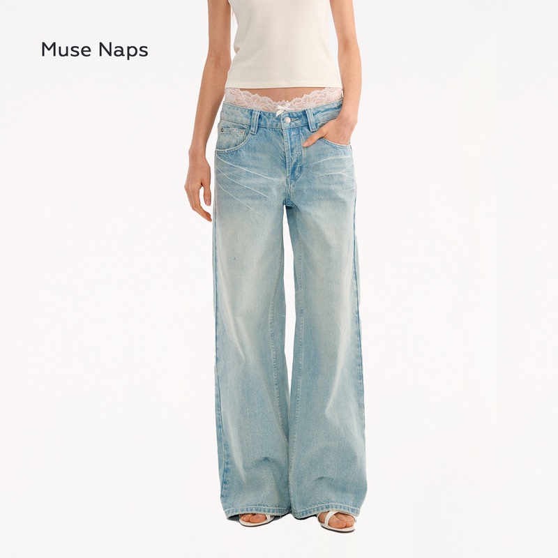 【Zhang Yifan's Style】Muse Naps Low-Rise Ice Blue Washed Denim Jeans with Whiskers, Straight Wide-Leg Pants for Women 【Zhang Yifan's Style】Muse Naps Low-Rise Ice Blue Washed Denim Jeans with Whiskers, Straight Wide-Leg Pants for Women
