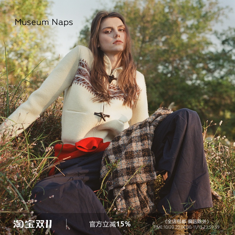 Muse Naps Wool Blend Fair Isle Sweater Geometric Pattern Stand Collar Zip-Up Cardigan Toggle Button Jacket