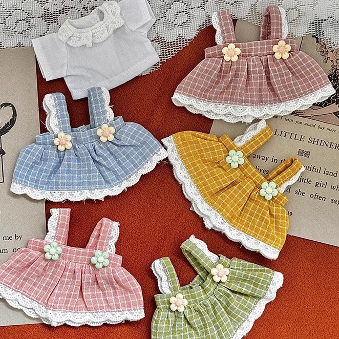 Cross-Border 12cm Clothes for Cotton Dolls, Teddy Bear Doll Clothing Set, Printed Logo Plaid Lace Skirt Cross-Border 12cm Clothes for Cotton Dolls, Teddy Bear Doll Clothing Set, Printed Logo Plaid Lace Skirt