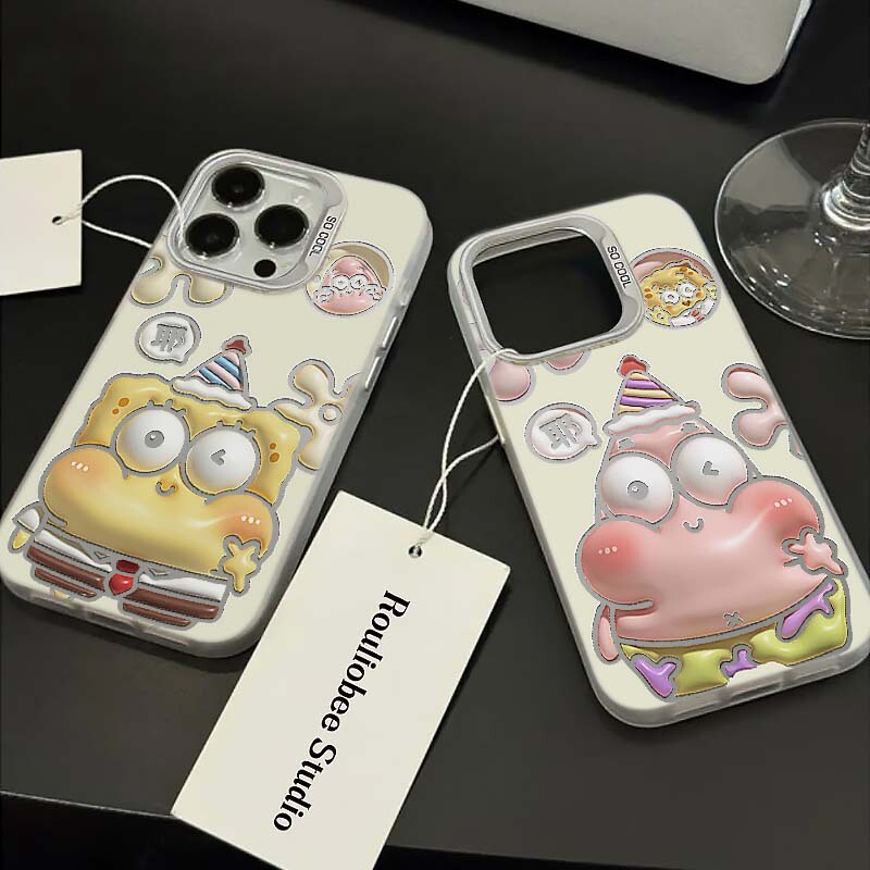 Inflatable Cartoon Spongebob and Patrick Star Phone Case Suitable for Apple 13, Huawei, Oppo Couple Models, iPhone 15 Pro Max, Xiaomi 14, Cute Vivo Full-Cover 12 Shockproof Protective Case