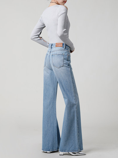 Fashionable and slimming light blue high-waisted straight-leg bootcut jeans for women loose 2025 new wide-leg flared pants