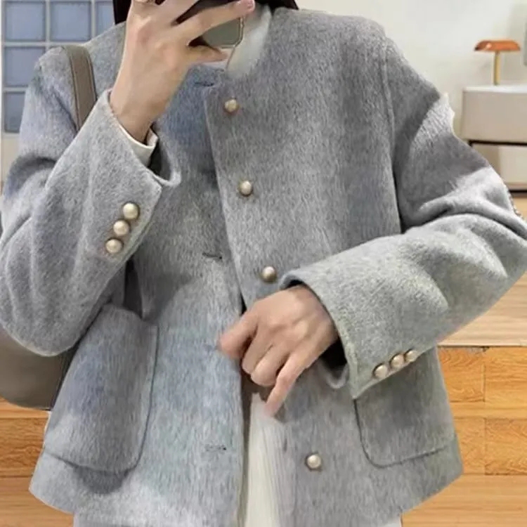 New Style Chanel-Inspired Coat with Round Neck, Single-Breasted, Double-Sided Woolen Coat for Women, Designer Woolen Top for Petite Women