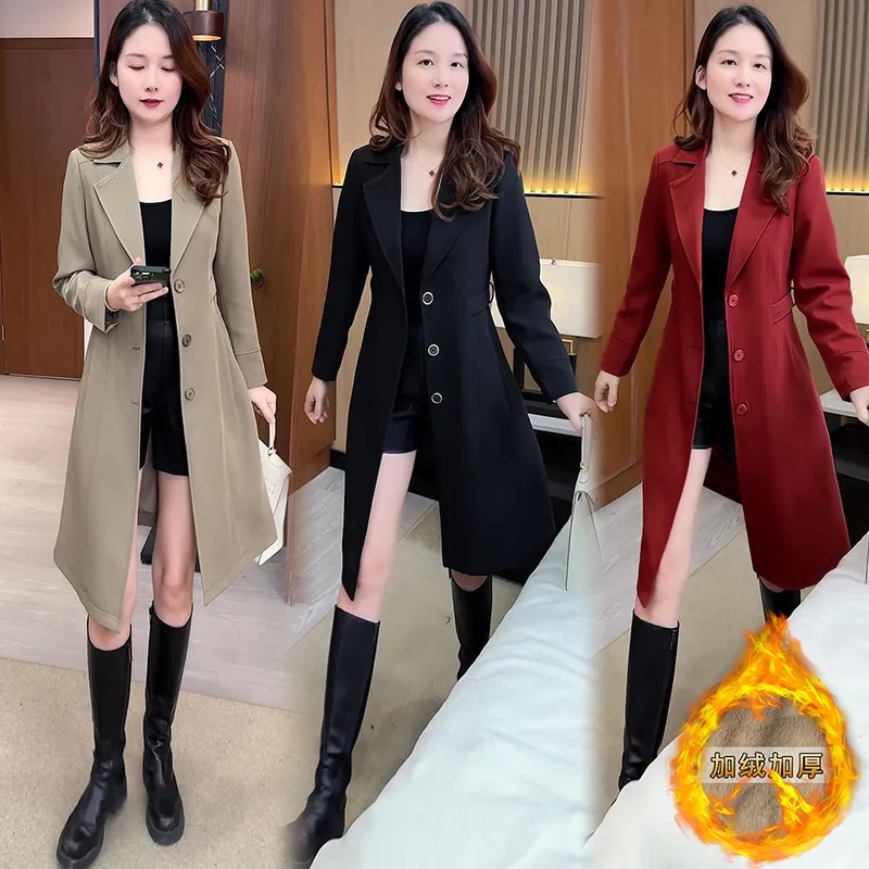 Windbreaker Jacket for Women in Autumn and Winter New Style Fleece-Lined and Thickeneded Fashionable Suit Collar for Small People Korean Style Waist Mid-Length Outerwear Windbreaker Jacket for Women in Autumn and Winter New Style Fleece-Lined and Thickeneded Fashionable Suit Collar for Small People Korean Style Waist Mid-Length Outerwear