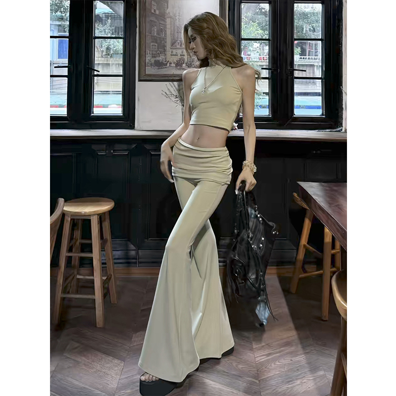 American Retro Sexy Hottie High-Neck Sleeveless Vest Top for Women Summer High-Waisted Flared Long Pants Tight-Fitting Suit