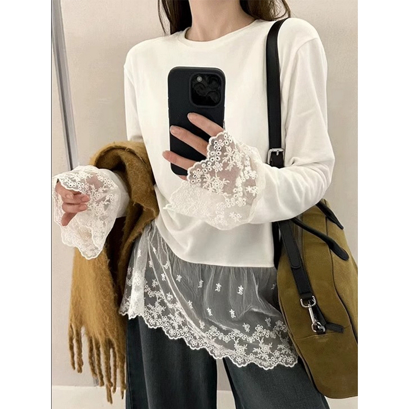 Duor Plus Size White Lace Mesh Patchwork Long-Sleeve T-Shirt for Women, Spring Season, Plus-Size, Mid-Length, Casual Loose Top