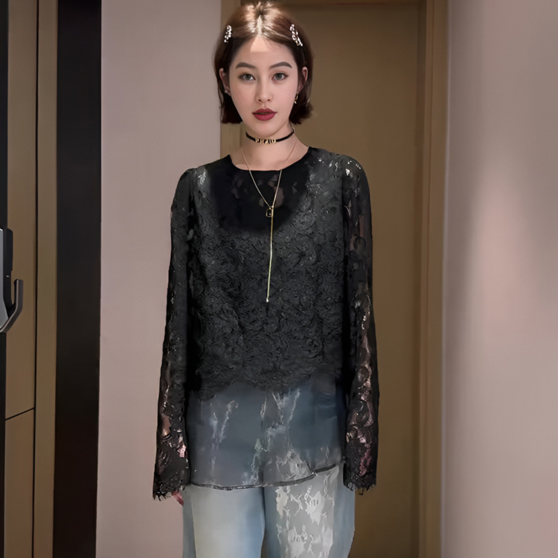 High-End Hollow-Out Black Lace Blouse for Women, 2026 New Spring Mesh Cover-Up, Unique and Super Stylish Top for Early Spring