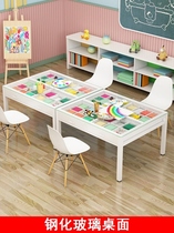 Kindergarten studio desk and chair combination primary school students double-layer handmade art painting table tempered glass desktop
