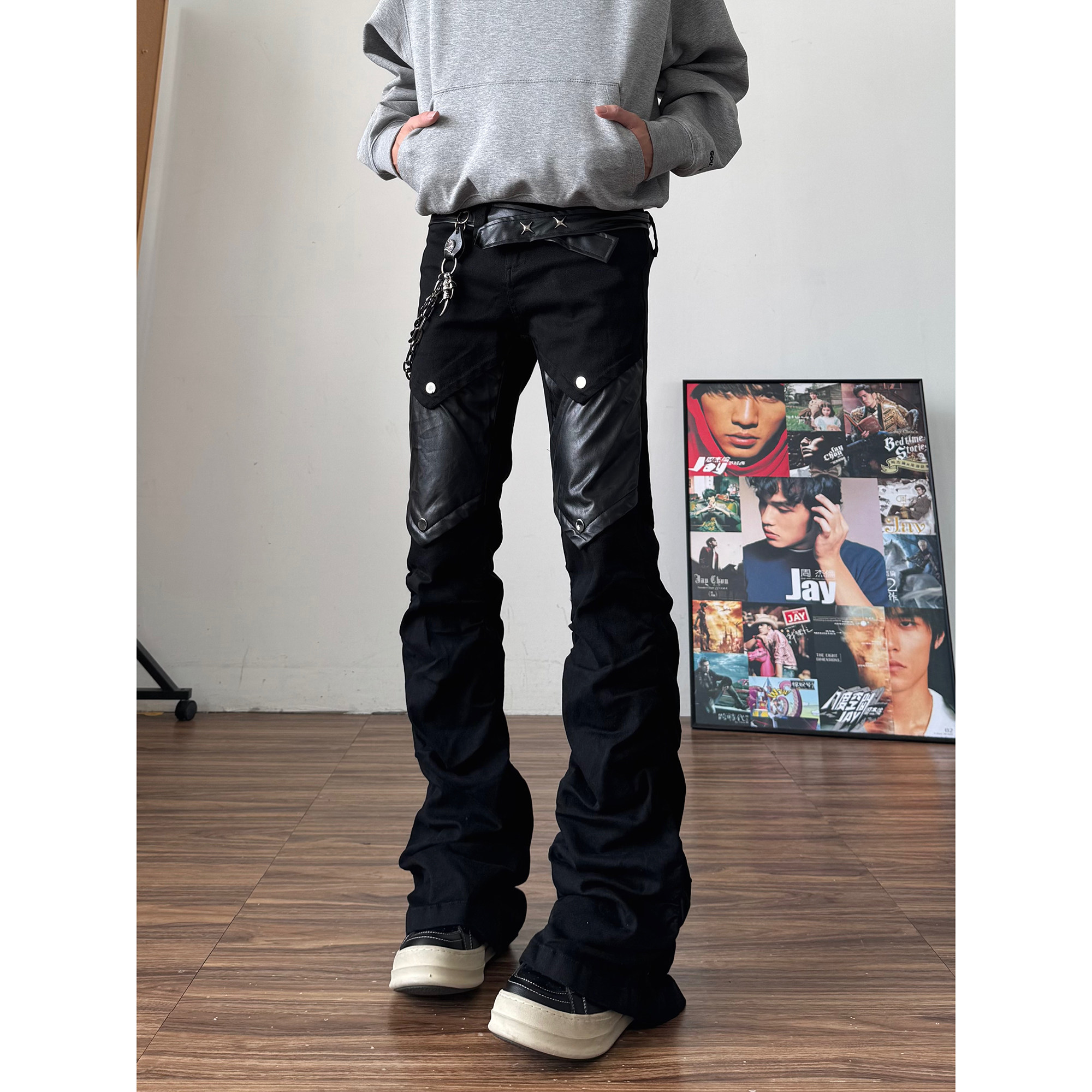 qtstudio visual kei black flared leather pants men's Asian style cargo pants American high street vibe subculture pants