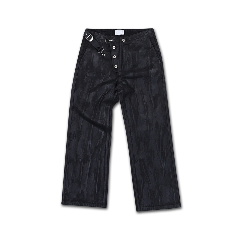 Sod Co. Waxed Jeans Black Leather Buckle Irregular Distressed Vintage Washed Dark Black Long Pants