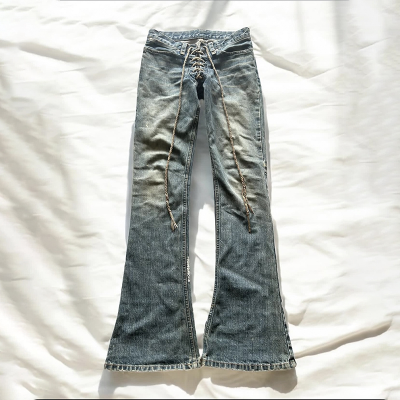 Ifsixwasnine Avant-Garde Visual Style Washed Distressed Micro-Flare Drawstring Jeans